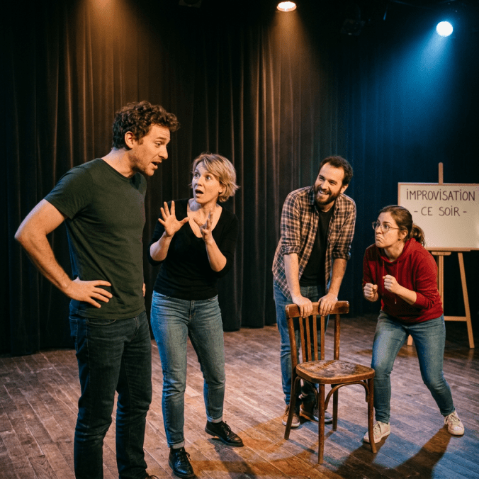 Four actors performing improvisation with expressive gestures on stage